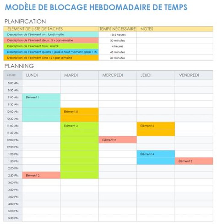 Planning hebdomadaire avec blocs de travail